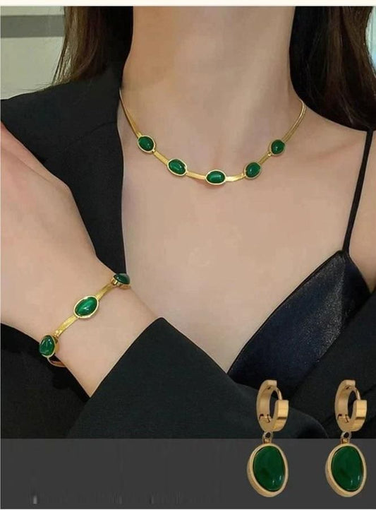 Oval Green Crystal Pendant Necklace Set With Bracelet new1wu-ts